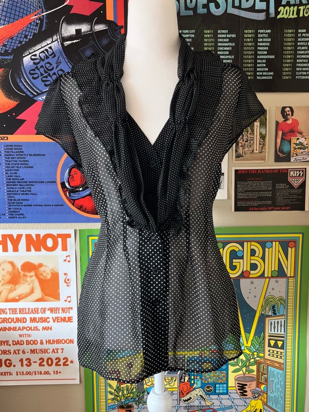 Black and white mesh top with ruffled button down